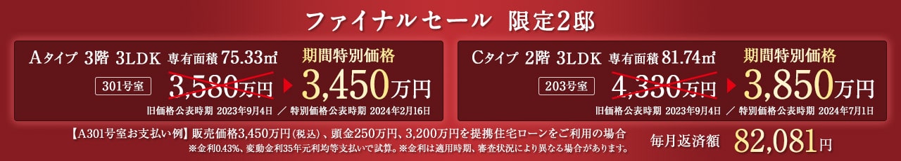 ファイナルセール A301号室　特別価格　3450万円、 C203号室　特別価格　3850万円